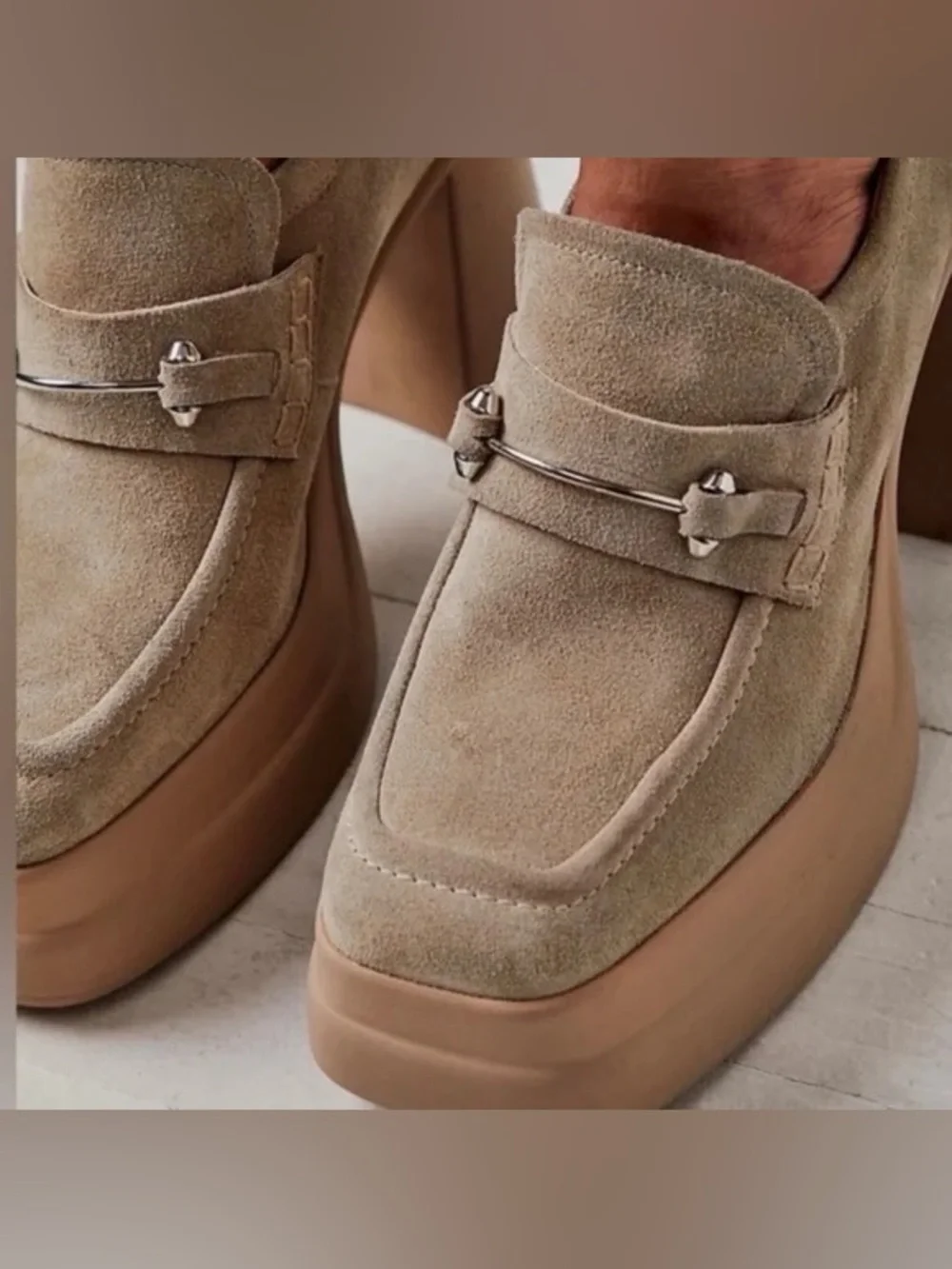 Free People Double Stacked Platform Loafers Tan Suede Horsebit Trim